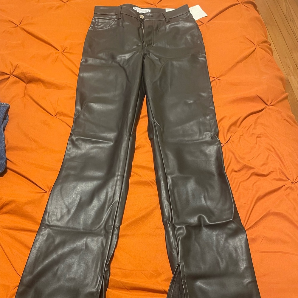 Zara Black Slim Fit Faux Leather Trousers